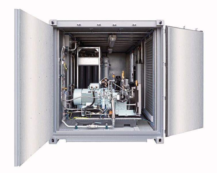 Schlüsselfertig und explosionsgeschützt: Eine ATEX-konforme Container-Lösung für eine Erdgasanlage bestehend aus einem Sauer Hurricane WP4351 BasSeal-CNG Erdgasverdichter, einem Sauer SRD Hochdruck-Kältetrockner und einem Sauer BasRack Hochdruck-Flaschenbündel.  (Sauer Compressors)