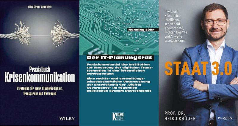 Drei Fachbücher behandeln zentrale Aspekte moderner Verwaltungsführung und digitaler Governance.(Bild:  Wiley VCH, Kellner Science, Plassen Verlag Collage: Vogel IT-Medien)