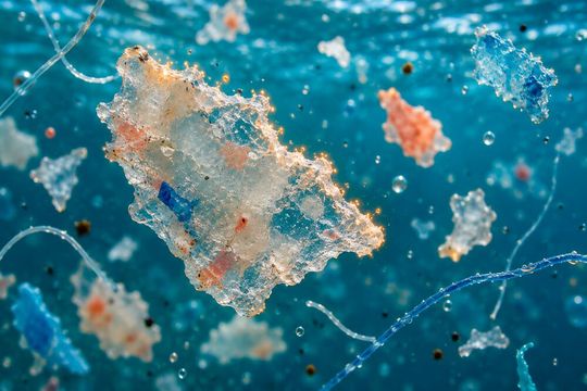 Zgodnie z najnowszymi badaniami mikroplastiki mogą wytwarzać reaktywne formy tlenu na swojej powierzchni w wyniku interakcji z wodą, co wskazuje na potencjalny mechanizm wywoływania szkód biologicznych.(Źródło: Dall-E / Wygenerowane przez sztuczną inteligencję)