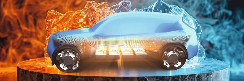 Batterien in E-Autos müssen in einem weiten Temperaturbereich konstante Leistung liefern.(Bild:  © Vlad Kapusta - stock.adobe.com_KI-generiert.com/© Patrick P. Palej - stock.adobe.com_[M]-VCG)