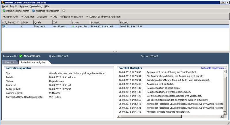 Abbildung 7: Die Konvertierung einer Test-VM (ein Windows-2008-R2-Server) ist abgeschlossen. (Bild: Stolzenberger)