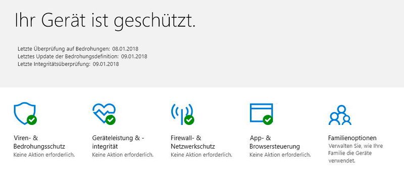 Im Windows Defender Security Center finden Anwender auf einen Blick alle relevanten Einstellungen und den Zustand der Sicherheit. Hier wird schnell erkannt, ob es auf einem Rechner zu Sicherheitsproblemen kommen kann. (Th. Joos)