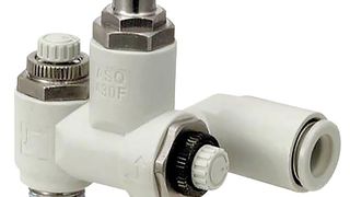 Durchflussregelventil ASQ. Druckregelventil und Durchflussregelventil werden kombiniert auf den Zylindern montiert. Dabei sitzt das Durchflussregelventil ASQ auf der Arbeitshubseite und das Druckregelventil ASR auf der Rückhubseite. (SMC Pneumatik)