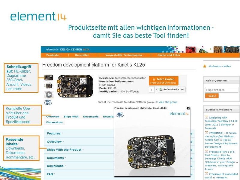 Folie 04: Umfangreiche Produktinformationen können auf einen Blick eingesehen werden. (Bild: Farnell element14)
