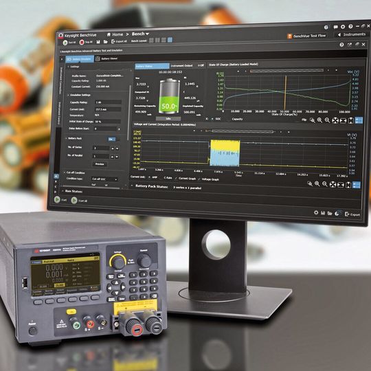 Batterie-Tester und Emulator Keysight E36731A mit Software BenchVue. Damit sind Profiling, Emulation und Zyklustest von Batterien möglich. Batterie-Tester und Emulator Keysight E36731A mit Software BenchVue. Damit sind Profiling, Emulation und Zyklustest von Batterien möglich.