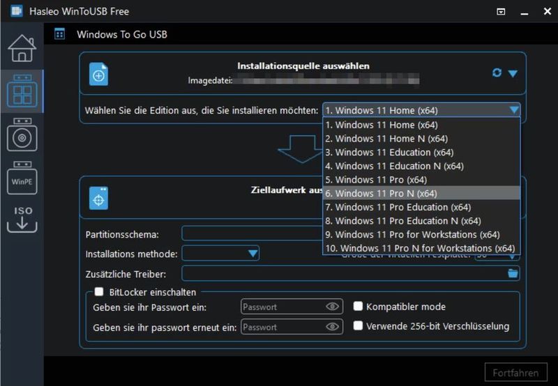 Erstellen eines Installationsdatenträgers oder eines Windows-To-Go-Arbeitsbereiches für Windows 10/11. (Bild: Joos - Hasleo)