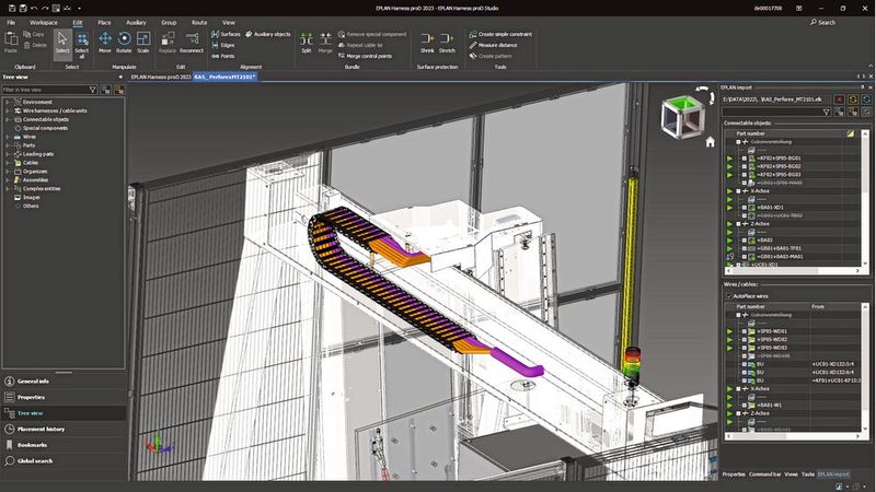 Ein neuer Kaberleditor vereinfacht die Feldverkabelung von Schaltschränken, die dezentral über eine Anlage verteilt sind, und legt damit auch die Grundlage für die virtuelle Maschinenverkabelung und eine einfache Längenermittlung der Kabel in Eplan Harness proD.  (Bild: Eplan)