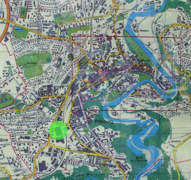 Plan de Fribourg, avec en vert le haut lieu de l'innovation à Fribourg. (Image: MSM / JR Gonthier)