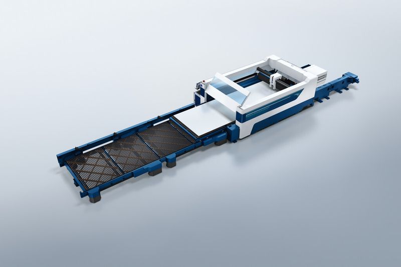Bei der Trulaser 8000 wählt der Kunde nach Bedarf zwischen einem Überformat-Palettenwechsler und einem normalen Palettenwechsler mit Überformat-Zusatzpalette. (Bild: Trumpf)