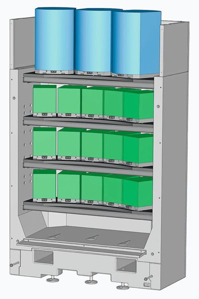 Speichermodul mit verschiedensten Paletten und Werkstückabmessungen. (Hermle)