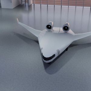 Die Konfiguration des D150-BWB (Blended Wing Body) wirkt schon auf den ersten Blick ungewöhnlich: Das Flugzeug hat einen breiten, flachen Rumpf und trägt zwei Triebwerke auf dem Rücken. (Bild:  DLR (CC BY-NC-ND 3.0))