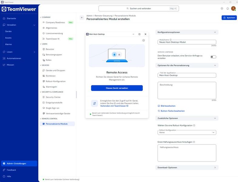 Ein personalisiertes Host-Desktop-Modul lässt sich mit Rollout-Konfiguration für die Geräteverteilung vorbereiten. (Bild: Joos - TeamViewer)