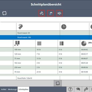 Blick auf die Materialbibliothek und die Schnittpläne. Diese verkürzen laut Kasto Rüstzeiten und ermöglichen die automatisierte Abarbeitung wiederkehrender Aufträge.(Bild:  Kasto)