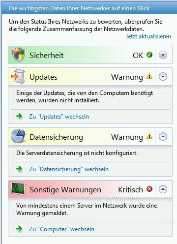 Abbildung 8: Die SBS-Konsole zeigt Fehler und Warnungen zentral an. Die Fehler sollten nach Aktualisierungen behoben werden. (Bild: Joos)