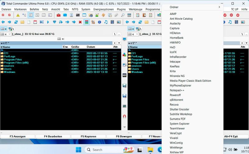 Total Commander Ultima Prime integriert zahlreiche Zusatztools zur Verwaltung von Dateien. (Bild: Joos – TCUP)