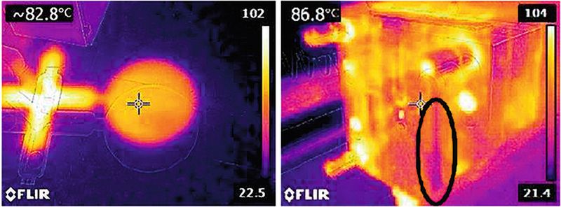 Bild 6: Thermografiebild von Formteil und Anguss, wenige Sekunden nach der Entformung links sowie feststehender Werkzeughälfte rechts [2]. (Bild: Beuth Hochschule)