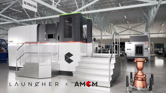 (Bild: lllustration des AMCM M 4K 3D-Metalldrucksystems in der neuen Launcher-Produktionsstätte             mit der in diesem System hergestellten Raketentriebwerk-Brennkammer aus einer            Kupferlegierung (CuCrZr). Bildquelle: AMCM)