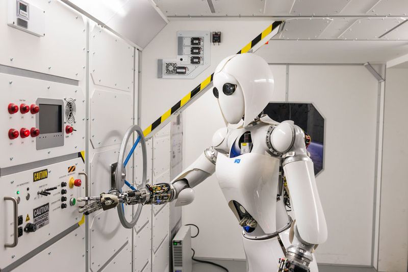 Die Roboterdame Aila führt eine autonome Manipulationsaufgabe in einem Nachbau der ISS durch (DFKI GmbH/Jakob Weber)
