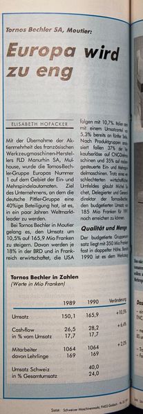 1991: Tornos Bechler, damals über 1000 Mitarbeitende, hat sich zur Nummer 1 auf dem Gebiet der Ein- und Mehrspindler entwickelt. (Bild: Schweizer Maschinenmarkt)