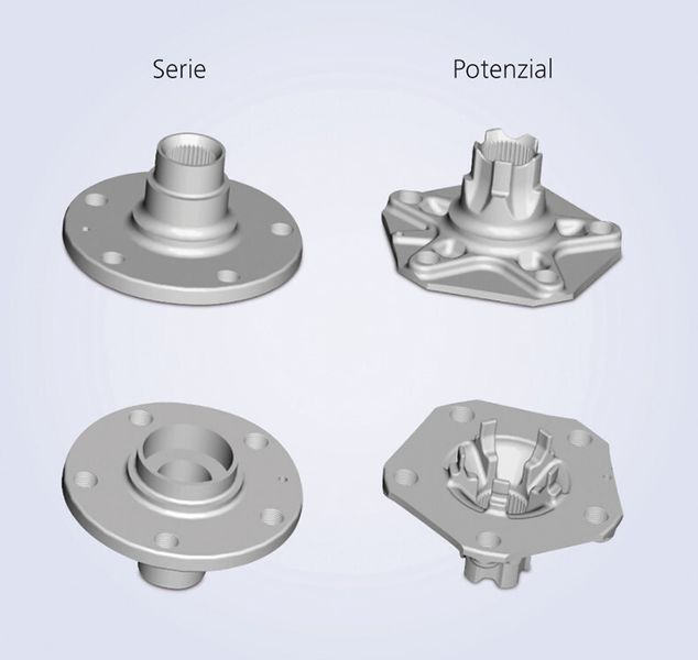 Bild 5: Gegenüberstellung der bisherigen Ausführung und des Leichtbauvorschlags bei einer Radnabe. (Bild: Hirschvogel Automotive)