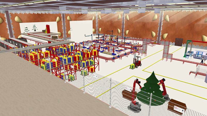 Eine 3D-Simulation, die mithilfe der Simulationssoftware von Tarakos erstellt wurde, veranschaulicht, wie der Weihnachtsmann in seiner digitalen Fabrik Fabrik mithilfe moderner Intralogistik die Herausforderungen meistert. (Bild: Tarakos)