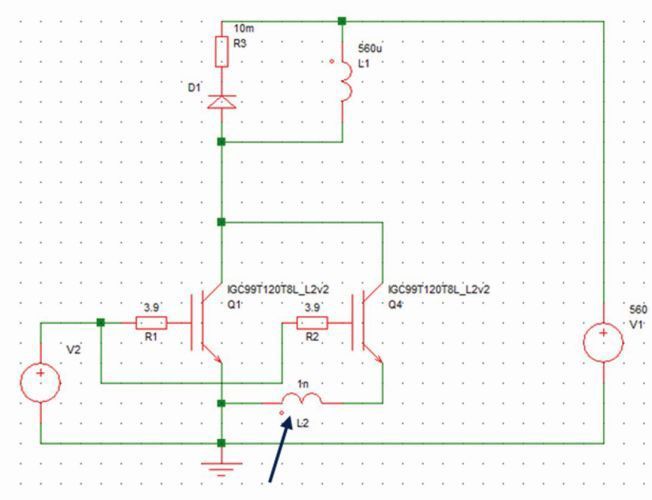 Bild 17: Zwei parallel geschaltete IGBT (100 A/1200 V); L2 repräsentiert ein LEx aus Bild 16, die übrige Streuinduktivität ist nicht betrachtet; der 10 mΩ-Widerstand in Reihe zur Diode dient dazu, Konvergenz in der Simulation zu erreichen. (Bild: Infineon)