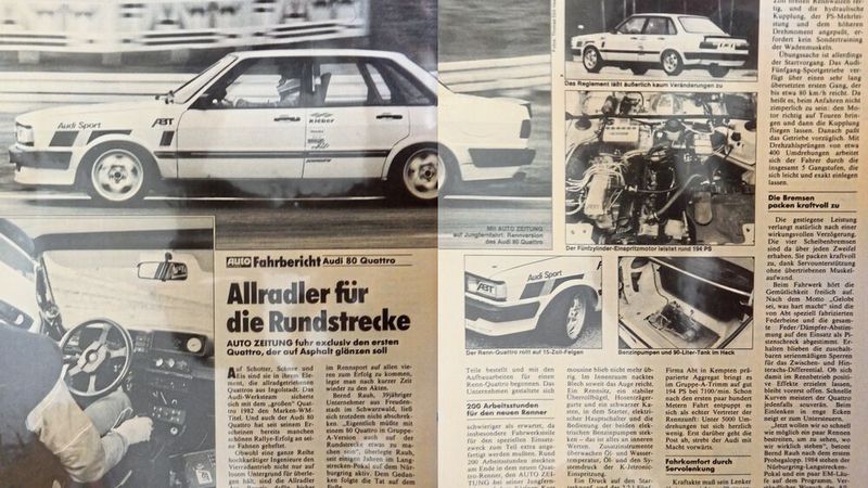 Die Auto Zeitung berichtete 1983 über den von Bernd Rauh privat aufgebauten Audi 80 Quattro, mit dem er gemäß Gruppe-A-Reglement die Rundstrecken dieser Welt unsicher machen wollte. Den Motor mit knapp 200 PS lieferte Abt. (Bild: Abt)