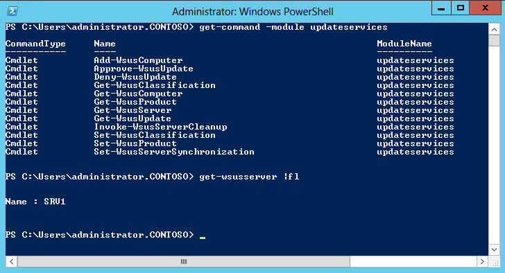 WSUS in Windows Server 2012 verwalten Administratoren in der PowerShell. Mit dem Befehl get-command -module updateservices lassen sich die Befehle anzeigen. Auf diesem Weg können Administratoren viele Einstellungen skripten und in der PowerShell vornehmen. (Archiv: Vogel Business Media)