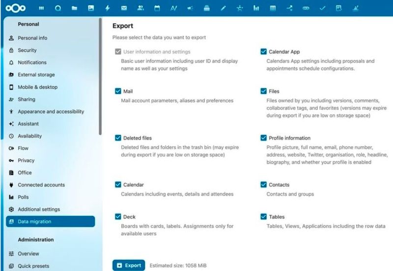 Die erweiterte Migrations-App von Nextcloud Hub 26 Winter ermöglicht den selektiven Export und Import von Dateien, Mail-Konten, Kontakten, Kalendern, Deck-Boards und Tabellen zwischen Instanzen. (Bild: Joos - Nextcloud)