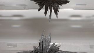 Magnetrheologische Flüssigkeiten versteifen sich beim Anlegen eines Magnetfeldes und werden zu einem festen Gel, d.h. die Veränderung entspricht einem Phasenübergang von einer flüssigen in eine quasi feste Phase. (Bild: MRF zwischen zwei Permanentmagneten / INVENTUS Engineering GmbH / CC BY-SA 3.0)