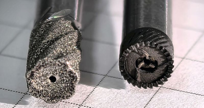 Keramiktaugliche Werkzeuge von Zecha: Links Schleifwerkzeug mit metallgebundenem Diamantkorn, rechts PKD-Fräswerkzeug mit zahlreichen definierten Schneiden.(Bild:  Klaus Vollrath)