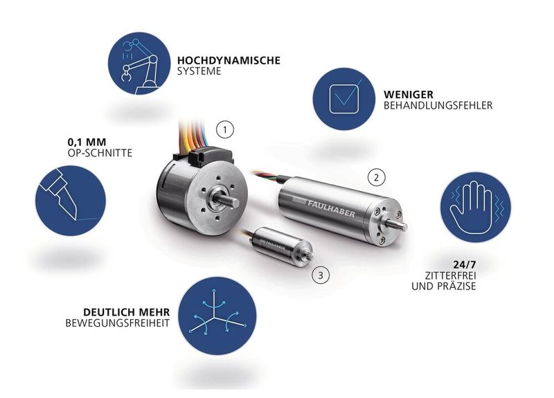 Sorgen im Roboter für den Antrieb: Bürstenlose DC-Flachmotoren mit integriertem Encoder der Serie 3216…BXT IEF3-4096 (1), sterilisierbare, bürstenlose DC-Servomotoren der Serie 2057…BA (2) und DC-Kleinstmotoren der Serie 1024…SR (3). (Bild: Dr. Fritz Faulhaber)