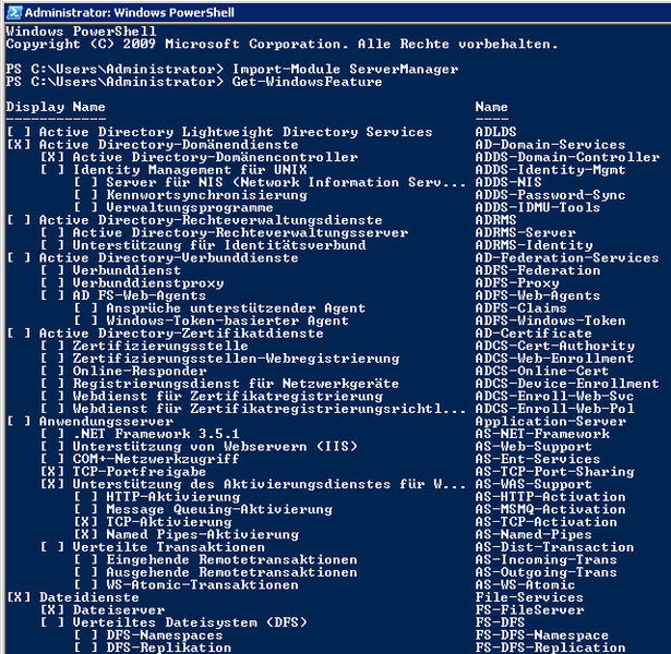 Abbildung 4: Anzeigen der installierenbaren Features von Windows Server 2008 R2 in der PowerShell (Archiv: Vogel Business Media)