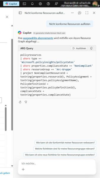 Über die Quick-Buttons der Compliance-Sicht erzeugt Microsoft Copilot eine vorgefertigte Azure Resource Graph-Abfrage, hier zur Auflistung nicht-konformer Ressourcen einer Ressourcengruppe. (Bild: Joos)