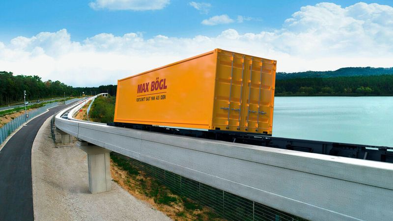 Bis zu 180 Container pro Stunde und Richtung kann eine neue Magnetschwebebahn  vollelektrisch transportieren. (Firmengruppe Max Bögl)