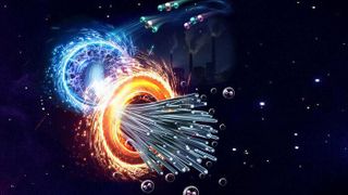 Scientists have devised a strategy for converting carbon dioxide (CO2) from the atmosphere into valuable carbon nanofibers. The process uses tandem electrocatalytic (blue ring) and thermocatalytic (orange ring) reactions to convert the CO2 (teal and silver molecules) plus water (purple and teal) into fixed carbon nanofibers (silver), producing hydrogen gas (H2, purple) as a beneficial byproduct. The carbon nanofibers could be used to strengthen building materials such as cement and lock away carbon for decades. (Source: Zhenhua Xie/Brookhaven National Laboratory and Columbia University; Erwei Huang/Brookhaven National Laboratory)