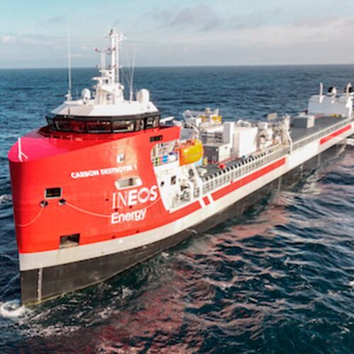 Once captured, CO₂ is liquefied, delivered by truck to a dedicated CO₂ terminal at Port Esbjerg, shipped aboard Carbon Destroyer 1 - the EU's first purpose-built CO₂ carrier - and injected into the Nini West reservoir. (Source:  Ineos Energy)