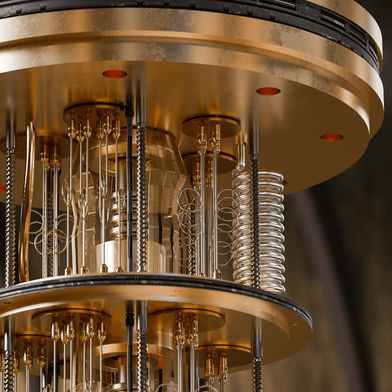 Das Kühlsystem eines Quantencomputers hält die Quantenchips bei Temperaturen nahe dem absoluten Nullpunkt. Erst unter diesen Bedingungen können sie ihre besonderen Quanteneigenschaften entfalten (künstlerische Darstellung). (Bild: B. Schröder/HZDR)