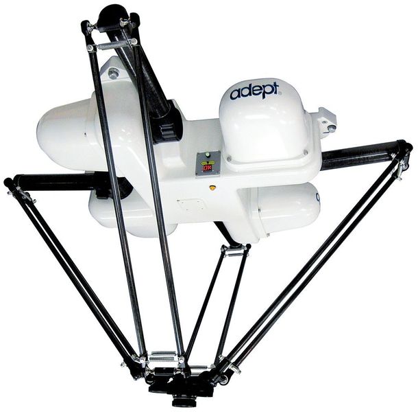 Bild 3: Der Quattro-Roboter ist eine Weiterentwicklung der Delta-Roboterkonfiguration. Im Gegensatz zu diesen dreht der Quattro-Roboter seine Plattform, indem er seine Schultergelenke in der Basiseinheit bewegt. Bild: Adept (Archiv: Vogel Business Media)