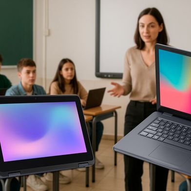 Das Dell Pro Education 11 2-in-1 ist eher für jüngere Schüler bestimmt, während  das Dell Pro Education 14 Laptop in der Oberstufe zum Einsatz kommen soll. Auf Intel-Prozessoren der N-Serie basien beide Geräte. (Bild: Dell, GPT Imgae Editor (KI-generiert))