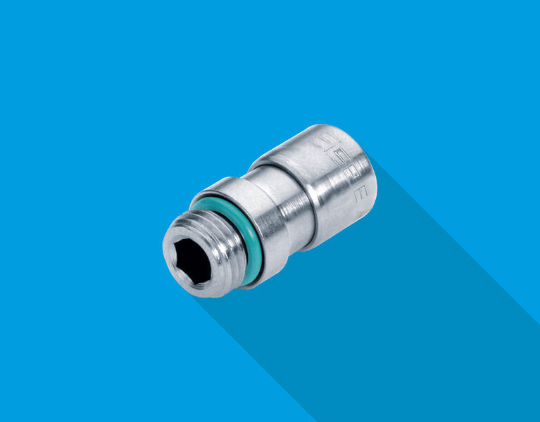 Die Montage der Druckluft-­ oder Schmiermittelschläuche an die Ganzmetallanschlüsse der Eisele BASICLINE erfolgt durch einfaches Einschieben bis zum Endanschlag. (Eisele)