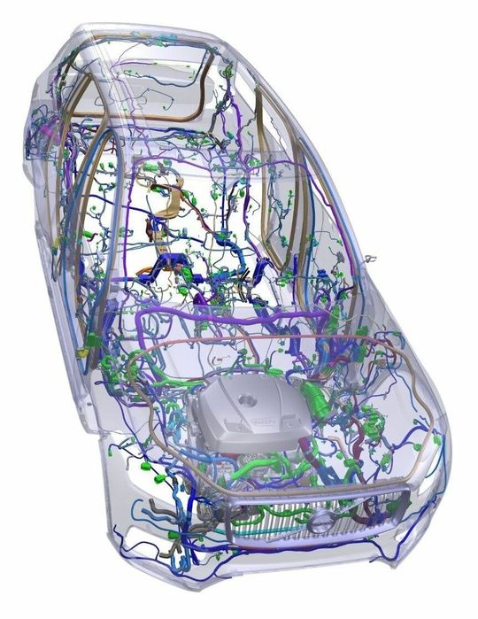 (Bis zu zwei Kilometer Kabel sind in modernen Autos verbaut. Bild: © Volvo Cars und Fraunhofer-Chalmers Research Centre / Fraunhofer-Institut für Techno- und Wirtschaftsmathematik ITWM)