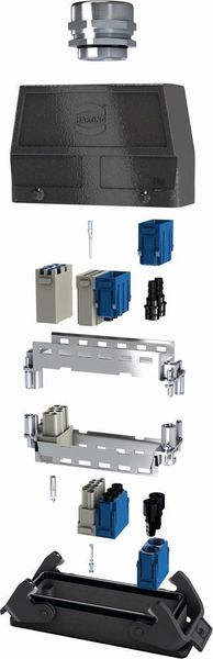 Systembeschreibung Han-Modular: Stift-Module oben, Buchsenmodule unten (Harting)