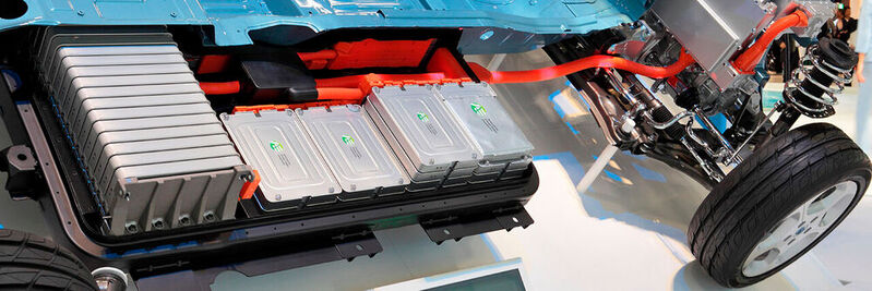 Batteries inside a cutaway of a Nissan Leaf EV.