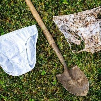 After being buried in the ground for two months and broken down by soil organisms, a new pair of cotton underwear (left) shows clear signs of decomposition (right). (Source: Nicolas Zonvi)