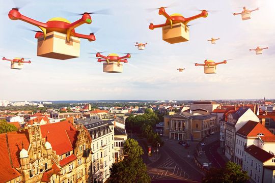 Schwärme von Zustelldrohnen über der Stadt, noch ist das Zukunftsmusik. Schwärme von Zustelldrohnen über der Stadt, noch ist das Zukunftsmusik.