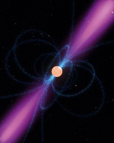 Kosmischer Leuchtturm: Das starke Magnetfeld eines Neutronensterns bündelt Strahlung an den Polen zu zwei Kegeln, die im günstigsten Fall die Erde überstreichen und sich als Pulsar zeigen – als Objekt, das rhythmisch blinkt. (NASA)