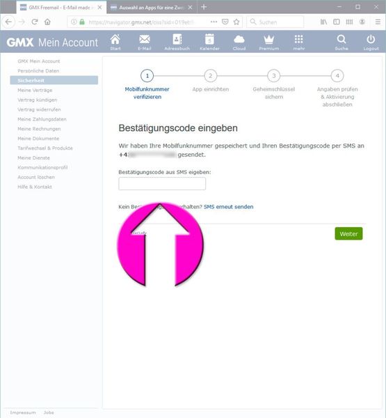 ...erhalten Nutzer per SMS einen Bestätigungscode, den es im Webinterface einzugeben gilt. (Screenshot (gmx.de))