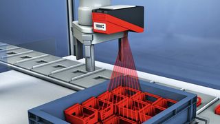 Bild 1: Die 3D-Sensorik gewinnt in der Automatisierungstechnik ständig an Bedeutung. Im Bild unterstützt der Sensor die Greifersteuerung eines Roboterarms. (Leuze Electronic)