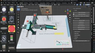 3D modeling software Blender with the integrated component catalog from MHJ-Software (left), the setup of a virtual system in the design area (central) and the specially developed plugin for skill configuration (right). (Image:MHJ software)